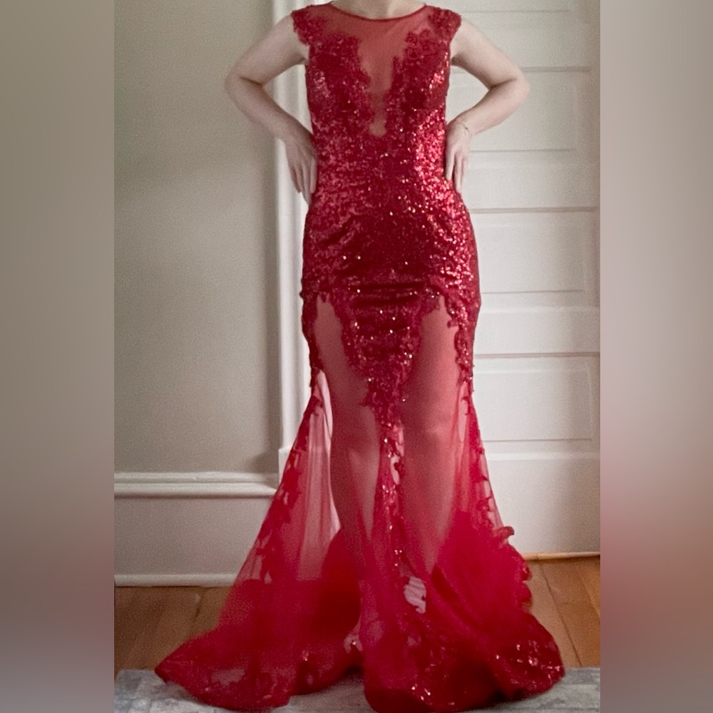 Red Sequin and Lace Prom Dress